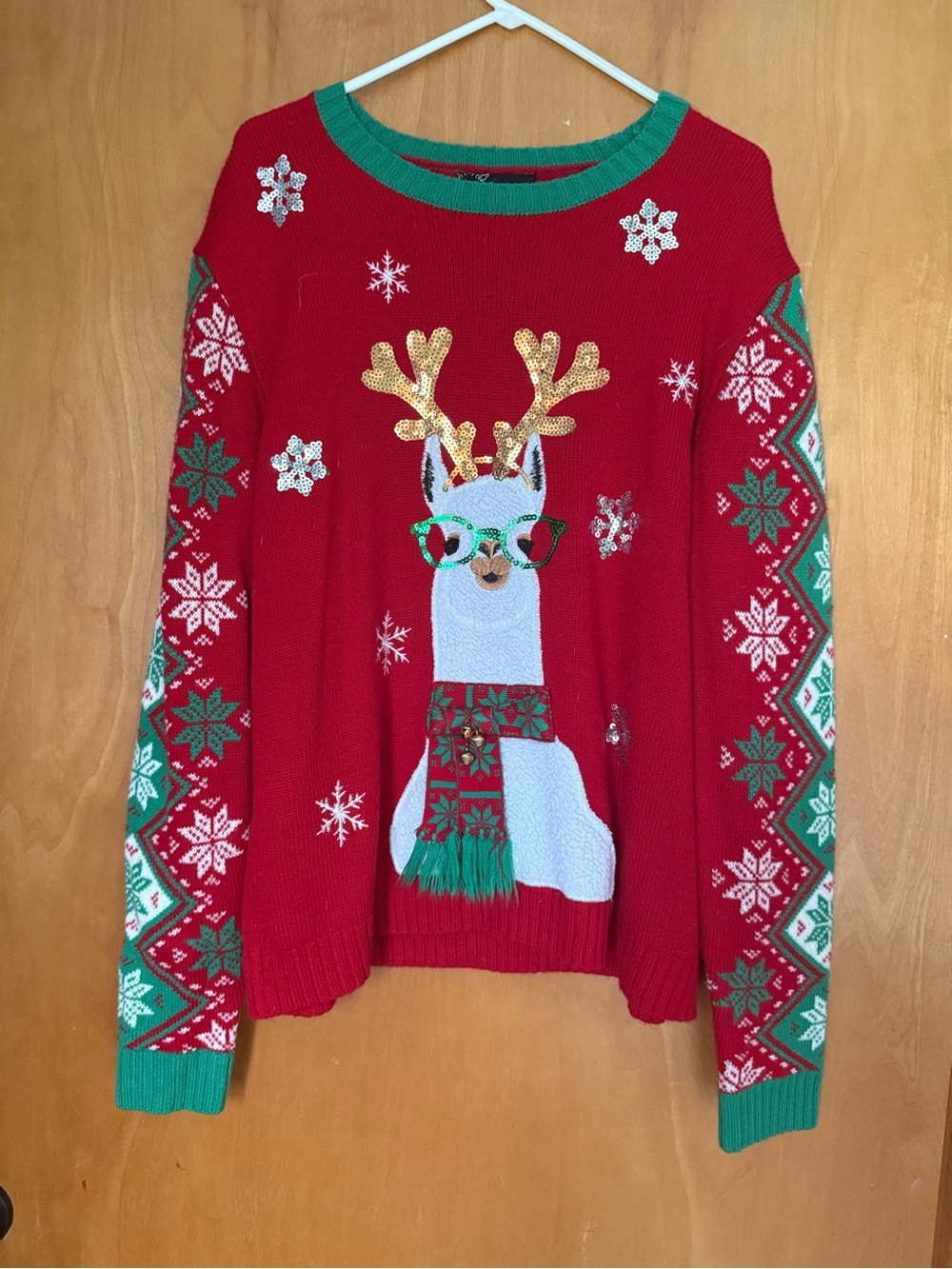 32 Degrees Red Llama Holiday Sweater with Green and Gold Accents